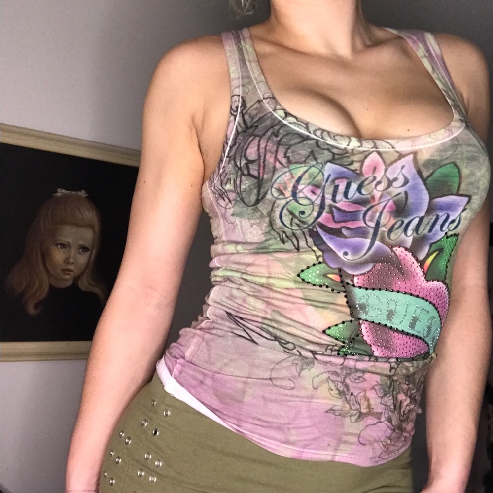 GUESS Embellished Graphic Racerback Tank Top - Picture 6 of 7